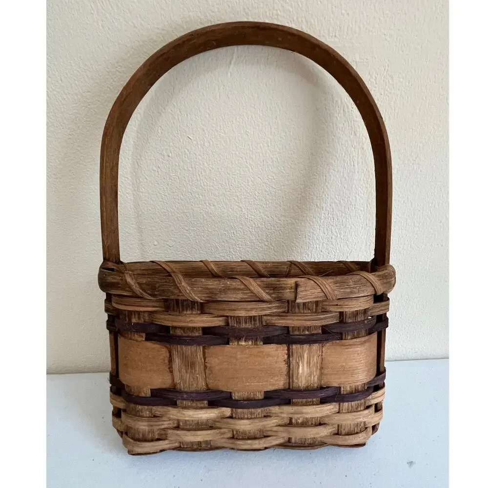 Vintage Brown Woven Bamboo Basket Heart Motif High Handle Cottagecore Folk Art